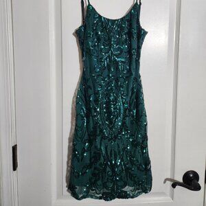 Crystal Doll Dark Green Sequin Dress Sleeveless Open Back With Zipper Size Small